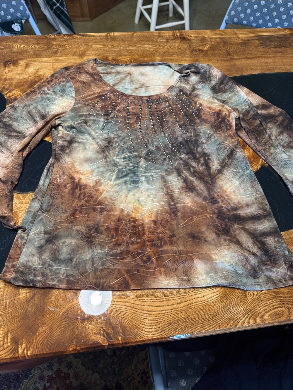 Embellished Tie-Dye Long Sleeve Women’s Top - Brown